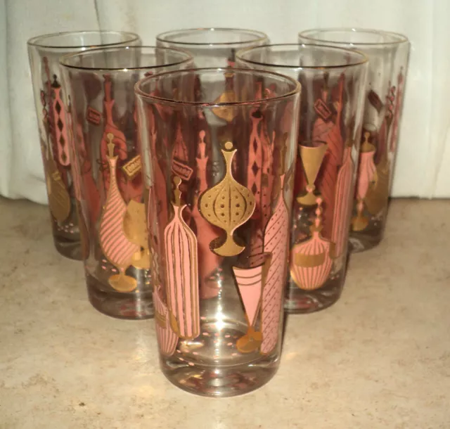 Set 6 1950s GAY FAD Bordeaux Highball MOD Glasses 22k Gold Tom Collins Tumblers