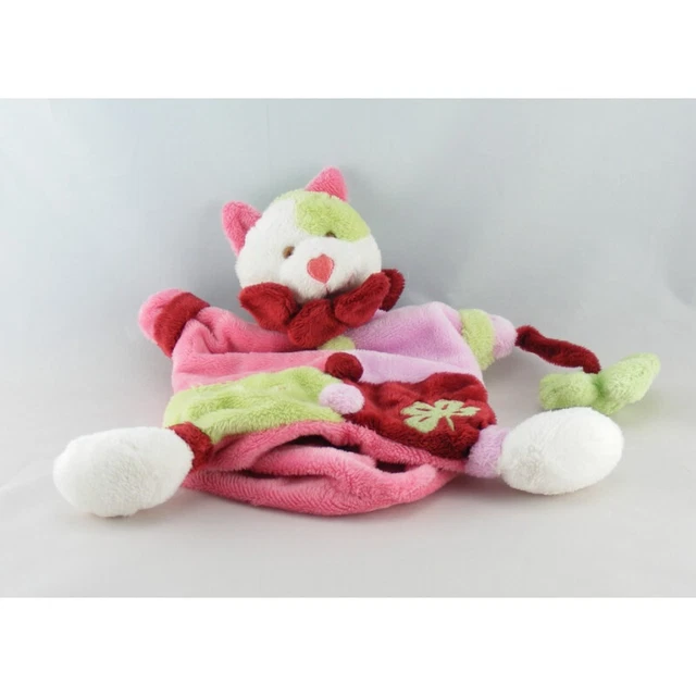 Doudou plat marionnette chat rose vert feuille BABY NAT - 10001