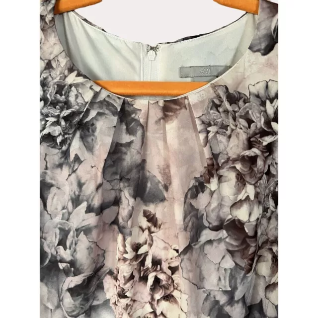 H&M Chiffon Floral Print Trapeze Dress Pleated Neckline Sleeveless Gray Cream 6 2