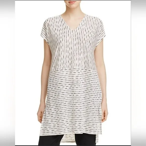 Eileen Fisher 100% Organic Linen Gauzy Line Print Women XS Slit Tunic Top Long