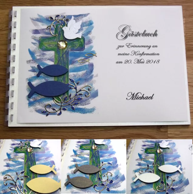 Gästebuch A5, blau, grün, Kreuz, Glitzersteine, Konfirmation Kommunion Taufe