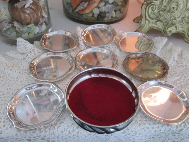 Lot of 8 Vintage Silver Plated Drink Wine Coasters Hallmarked With Holder