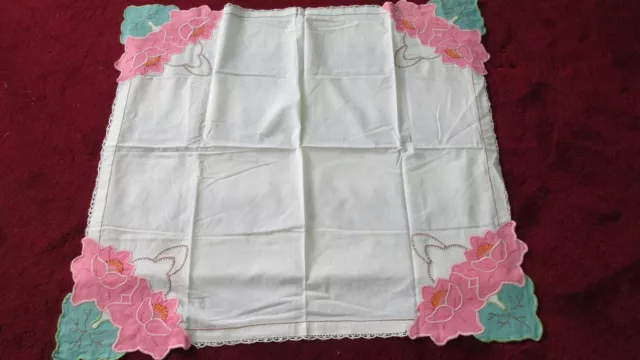""Luncheon Tablecloth  - Large Flower Applique Corners"" - Vintage - Spring