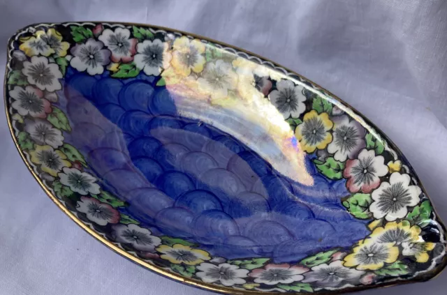 VINTAGE ART DECO c1934 MALING OVAL  BLUE FLORAL PLATE DISH ‘BLACK GARLAND’ 6452