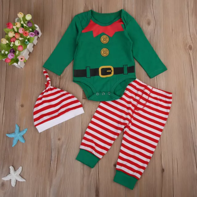NWT Christmas Elf Baby Boy Girl Long Sleeve Bodysuit Pants Hat Outfit Set
