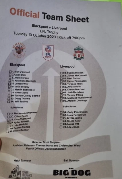 Liverpool Shet BLACKPOOL LIVERPOOL OFFICIAL Efl Trophy 2023 Coloured Teamsheet £8.50 ...