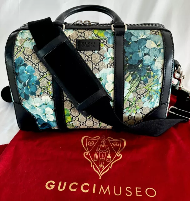 RARE Gucci GG Signature Blooms Supreme Blue Large Boston Bowling Duffle Bag