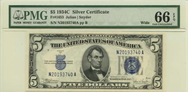 1934C $5 Silver Certificate Wide  Fr# 1653 PMG Gem 66EPQ
