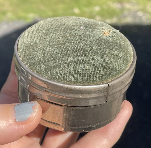 Vintage Round Early 20th C. Sewing Box Green Velvet Mirror Box