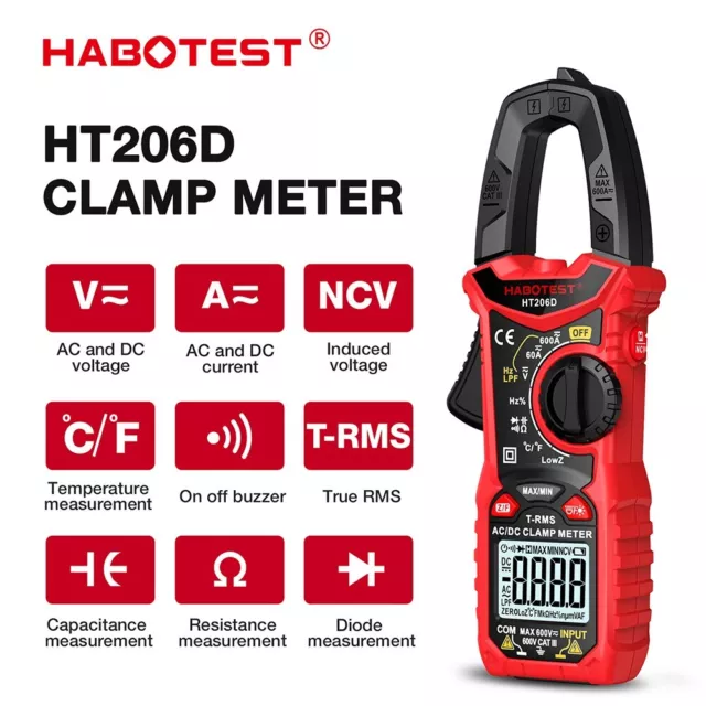 HABOTEST HT206D Clamp Meter Digital Multimeter Auto Range Tester Ture RMS AC/DC