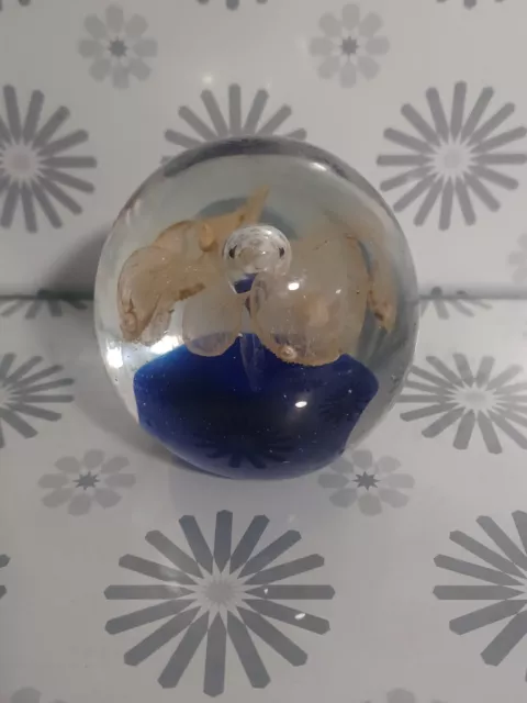 Vintage Glass 2.5" Paperweight With Gold Flower Blue Base & Controlled Bubble