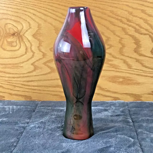 MURANO STYLE Art Glass Vase 11” Tall Red & Green Swirl Hand Blown