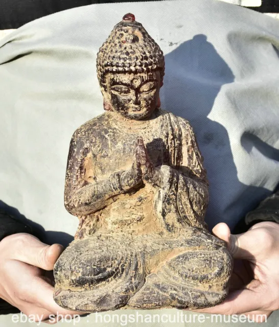 12.2" Old Chinese Red Amber Carving Feng Shui Shakyamuni Amitabha Buddha Statue