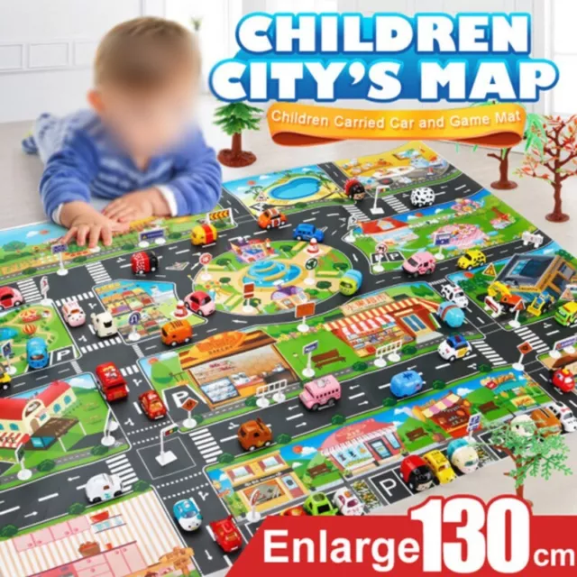 Colorful Kids Play Mat City Road Buildings Parking Map Toy Car Road Map