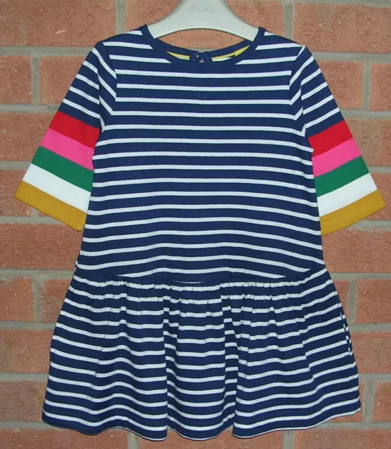 MINI BODEN Girls BNWOT Blue Stripe T-Shirt Dress Rainbow Sleeve Age 6-7 NEW