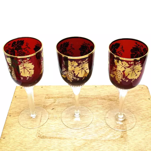 Bohemia Czech Crystal Ruby Red Wine Glass Set of 3 RARE Vintage Gold Trim