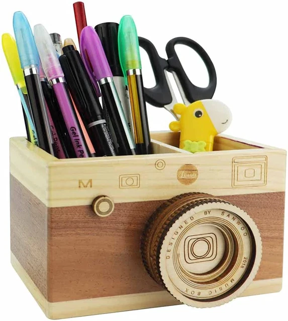 SPEACOUR Desk Pencil Holder Wooden Pen Pot Retro Camera Pen Holder Multifunction