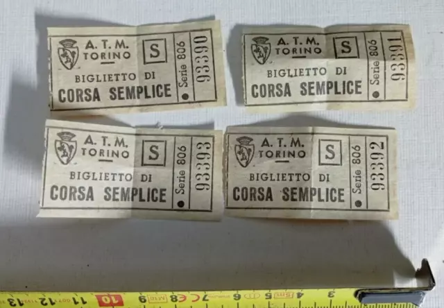 4 Vecchi Biglietti Vintage Autobus Tram Bus Atm Torino Corsa Semplice