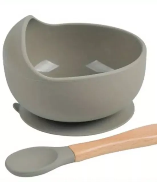 Baby Silicone Suction Bowl and Spoon Feeding Dinner Set for baby brand new grey