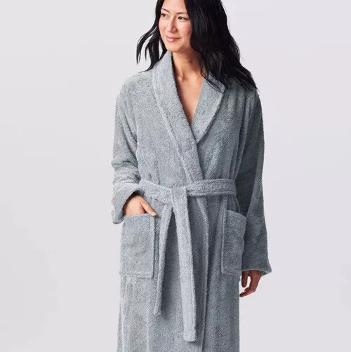 NWOT $178 COYUCHI Cloud Loom Organic Cotton Unisex Robe S/M Palest Ocean