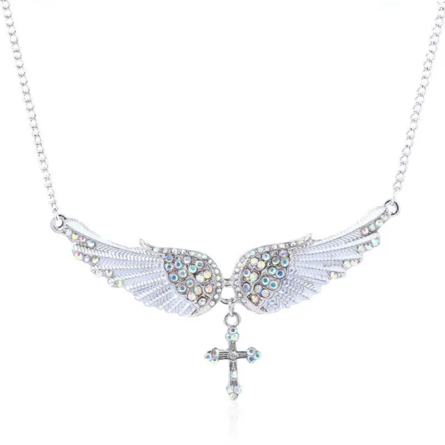 Boho Angel Wings Cross 925 Silver Rhinestone Pendant Necklace Women Wedding Gift