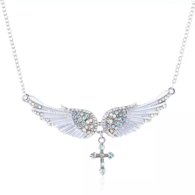 Boho Angel Wings Cross 925 Silver Rhinestone Pendant Necklace Women Wedding Gift