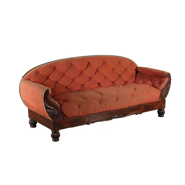 Restoration Boat Sofa Mahogany Padded Fabric - Italy 19th Century 🇮🇹