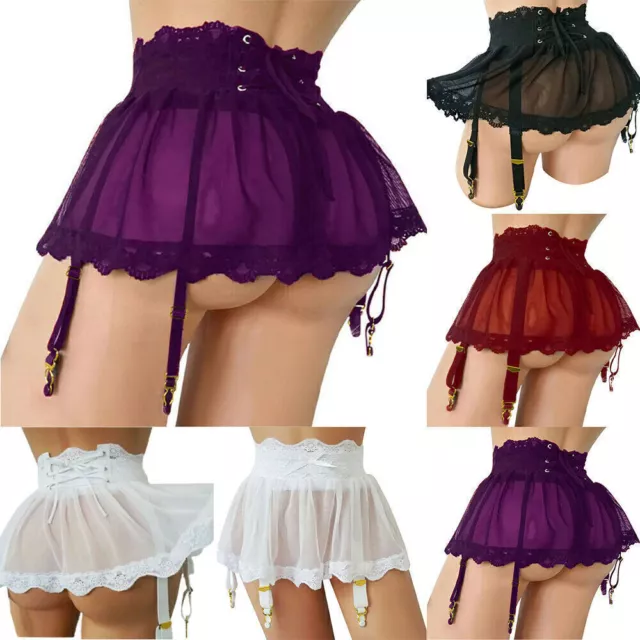 Womens Sexy Lingerie Short See Through Lace Mesh Mini Skirt Nightwear Sleepwear☆