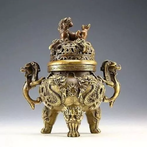 Chinese collectable of ancient Old bronze decoration dragon tiger incense burner