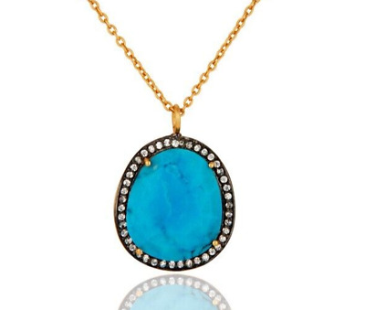 Fancy Gemstone Necklace Gold Plated Brass Chain Necklace With Turquoise & CZ
