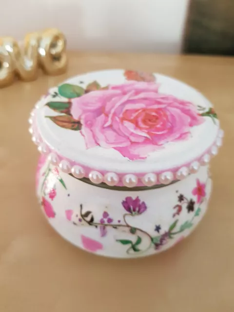 Petit pot de rangement décoratif, shabby chic, découpage fait main, floral, roses