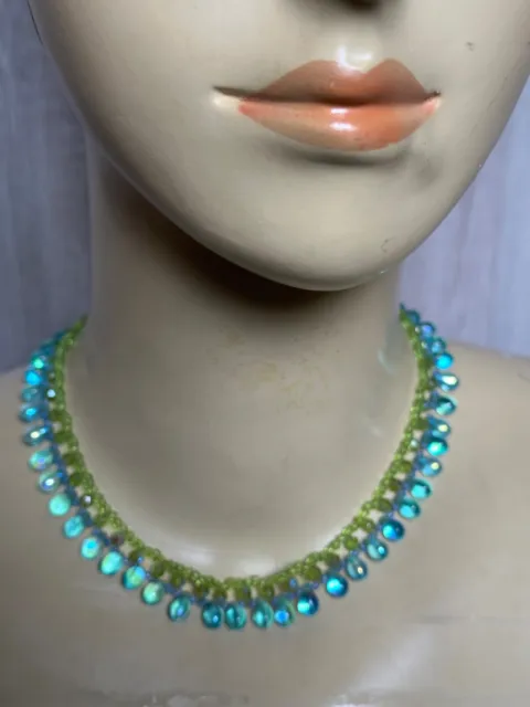 Beautiful French Creator Necklace - Blue Tear drop glass Beads 15"