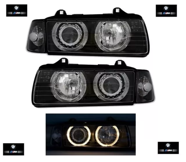 2 Feux Phare Avant Angel Eyes Bmw E36 Serie 3 Noir Coupe Et Cabriolet