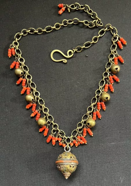 Tibetan inlaid bell turquoise With Mediterranean  Coral Rolo Nepalese Necklace. 3