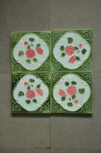 4 Pc Vintage Majolica Flowers  Art Nouveau Architecture Tiles,Japan