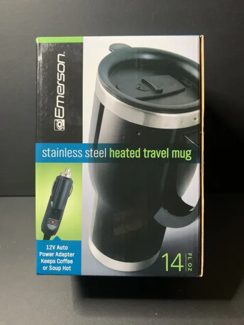 New Emerson Stainless Steel Heated 14 oz Travel Mug 12V Auto Power Adapter NIB