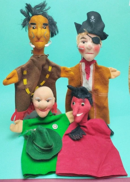 Lot De 3 Marionnettes Anciennes – Têtes En Bois Sculpté Et Peint