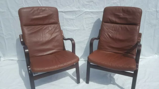 Vintage Danish "Stouby" Cognac Leather Lounge Chairs x 2 Stained Beech Frame.