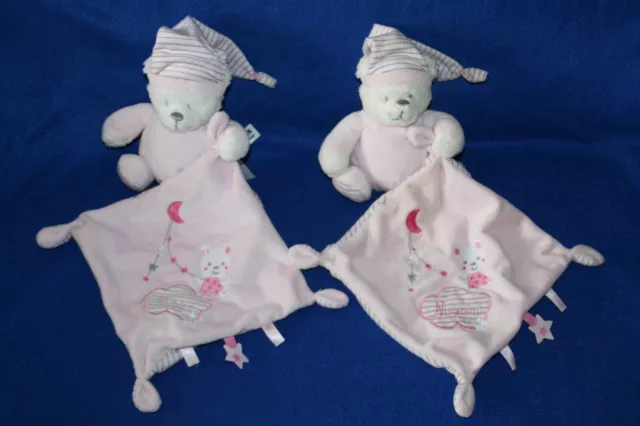 Max Et Sax Max & Sax 2 Doudou Ours  Rose Mouchoir Rose Lune Moon Etoile Kom9
