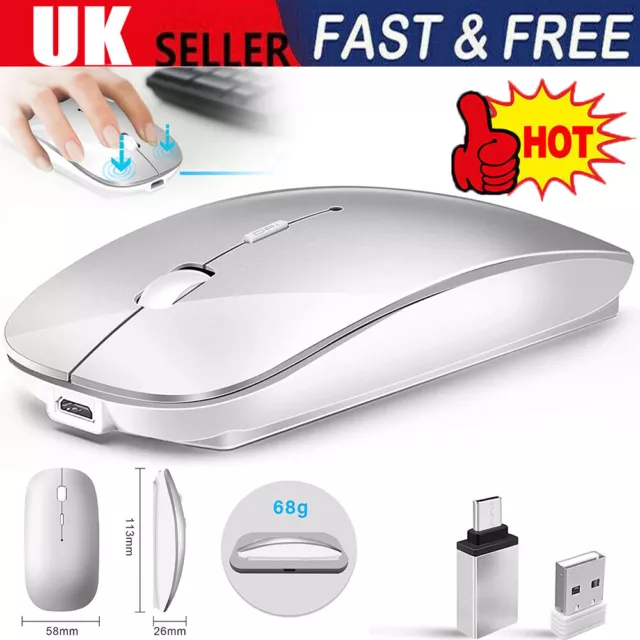 LED Wireless Mouse Rechargeable Optical Silent Mice USB For PC Laptop MacBook UK
