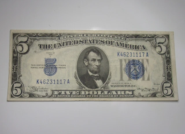 1934 A $5.00 Dollar Silver Certificate U.S. Bank Note blue seal **Still Crisp**