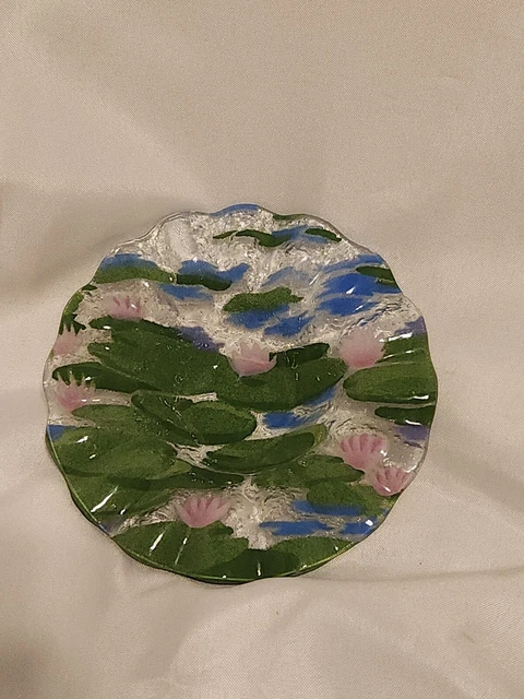 Sydenstricker Fused Art  Lillypads Pink Blue Green Glass Bowl With Ruffled Edges