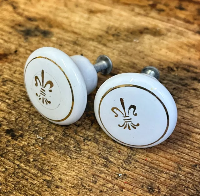 Antique French Provincial White Porcelain & Gold Fleur De Lis Cabinet Knob Pulls