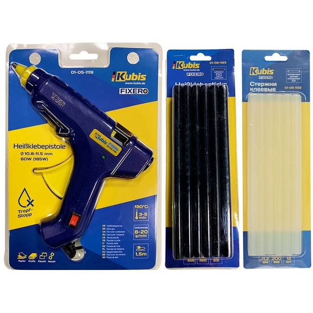 Juego de pistolas adhesivas 60 (185) W + 12 barras adhesivas transparentes 11,2 mm, 12 unidades +x