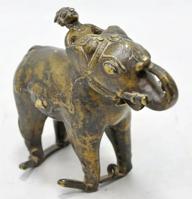 Antique Brass Elephant With Rider Figurine Original Old Hand Crafted Engraved