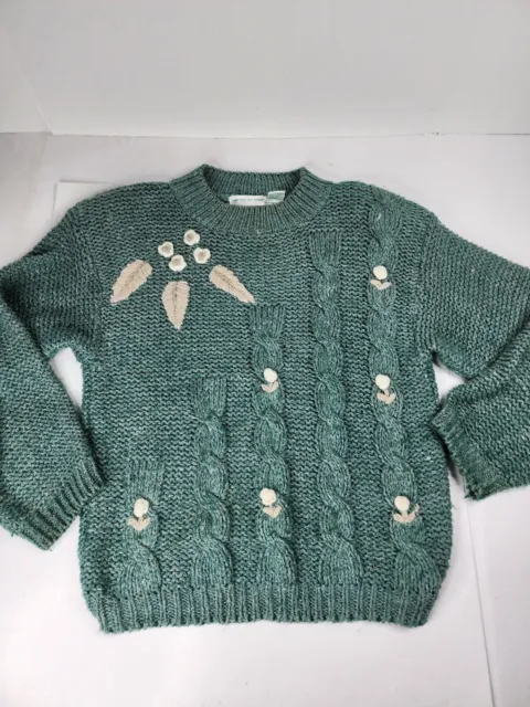 Shenanigans Womens Small Vintage Knitted By Hand Sweater Grandma Green Floral