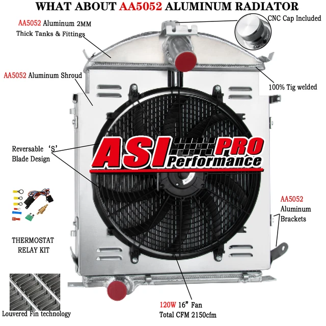 3-Row Aluminum Radiator Shroud fan fit 1928-1929 Ford Model A Heavy Duty 3.3L L4