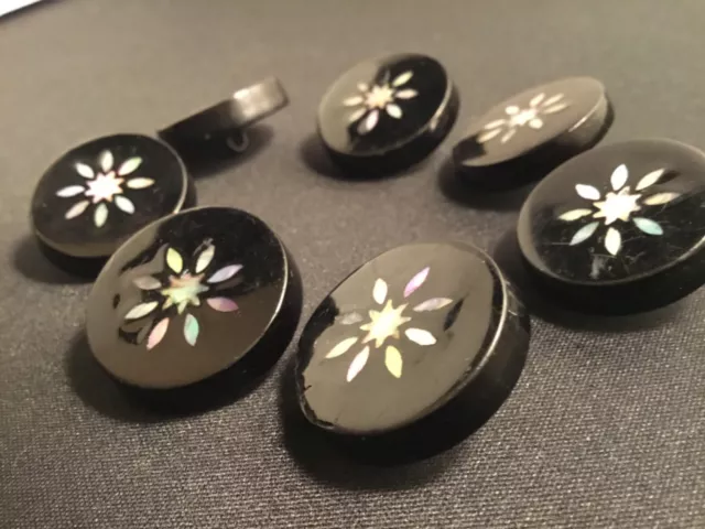 vintage collection of 7 black buttons with a mother of pearl inlay pattern shank