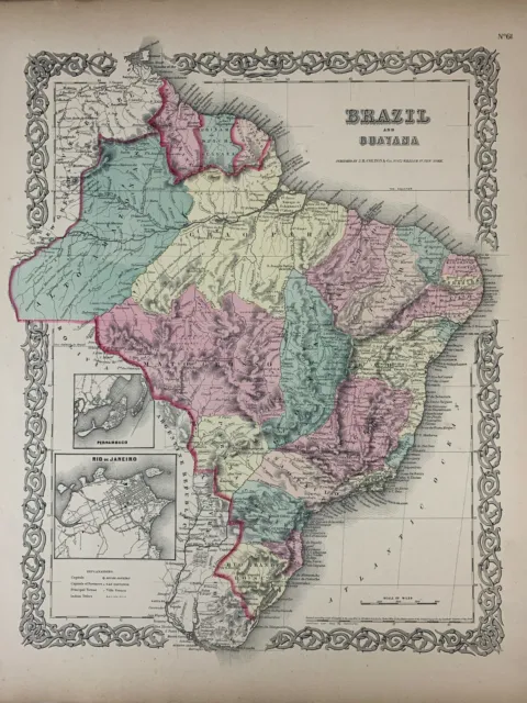 1855 Antique Brazil & Guyana Map Hand-Colored Colton's Atlas - Beautiful Gift