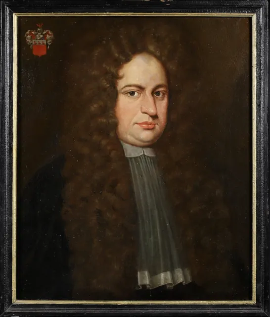 17th CENTURY LARGE FRENCH OLD MASTER OIL - PORTRAIT OF GENTLEMAN WITH ARMORIAL